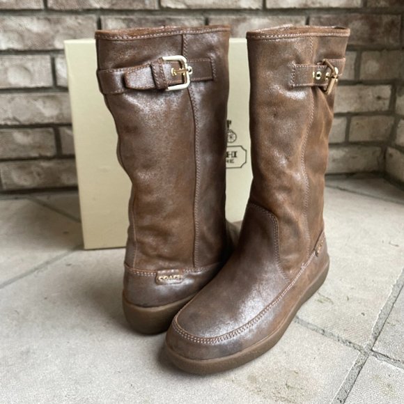 COACH TANESHA SUEDE SHEARLING Women's 7 After Ski Boot Metallic Gold Winter - Picture 2 of 16